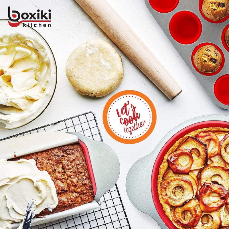 Boxiki Kitchen 13-Piece Non-Stick Silicone Bakeware Set with Cake Pan, Brownie Pan, Loaf Pan, Muffin Mold, Spatulas, Brush, and Measuring Spoons - Oven, Freezer and Dishwasher Safe - Image 2